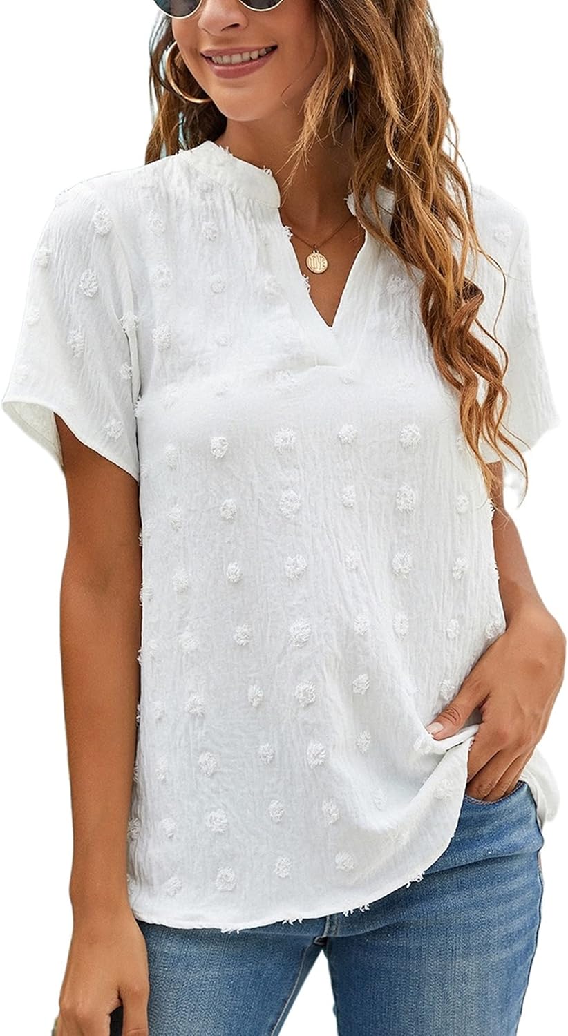 Blooming Jelly Womens White Chiffon Blouses Short Sleeve V Neck Shirts Summer Ca...