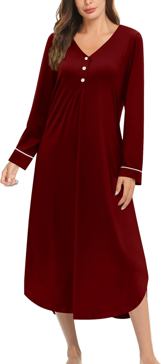 Ekouaer Womens Long Sleeve Nightgown Long Nightshirt Full Length Loungewear Butt...