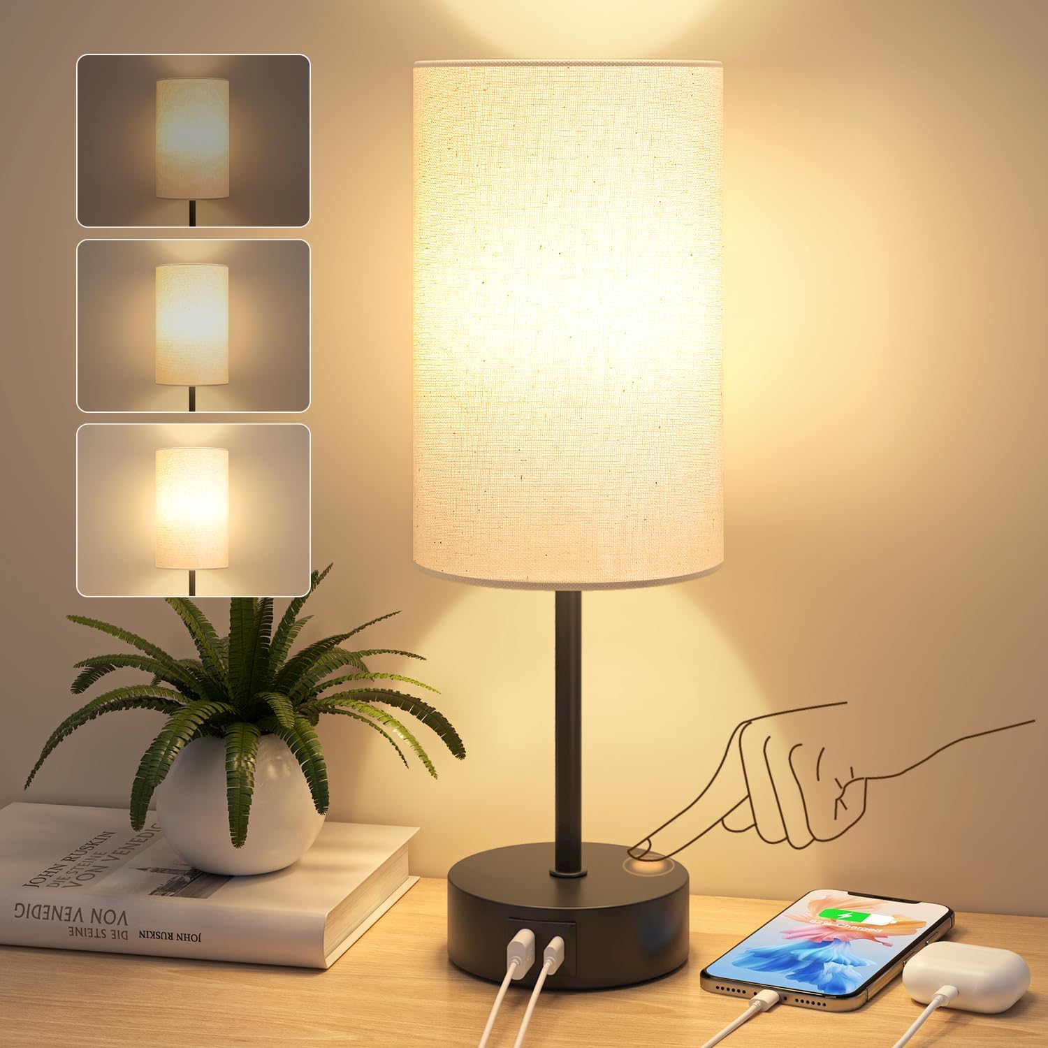 STANBOW Bedside Lamp, Touch Lamp Bedside with USB A+C Charging Ports, 3-Way Dimm...