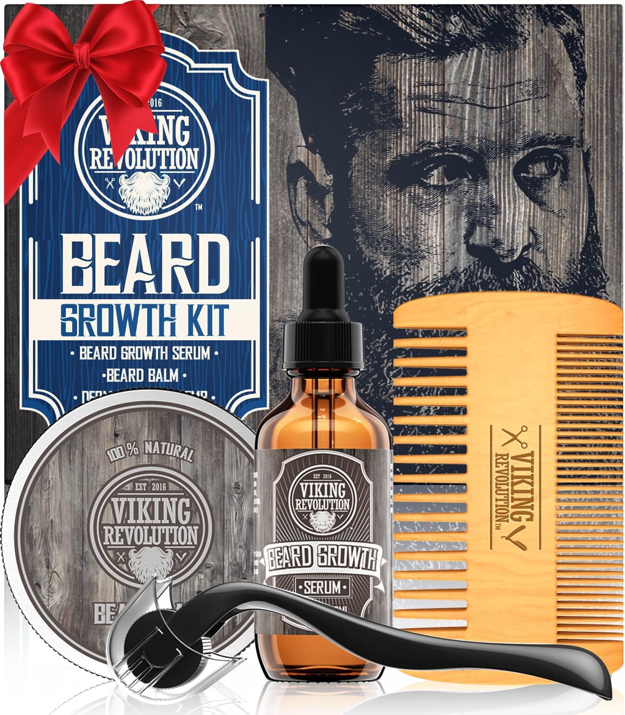 Beard Growth Kit - Oil, Balm, Serum, Derma Roller & Wooden Comb for Beard & Must...