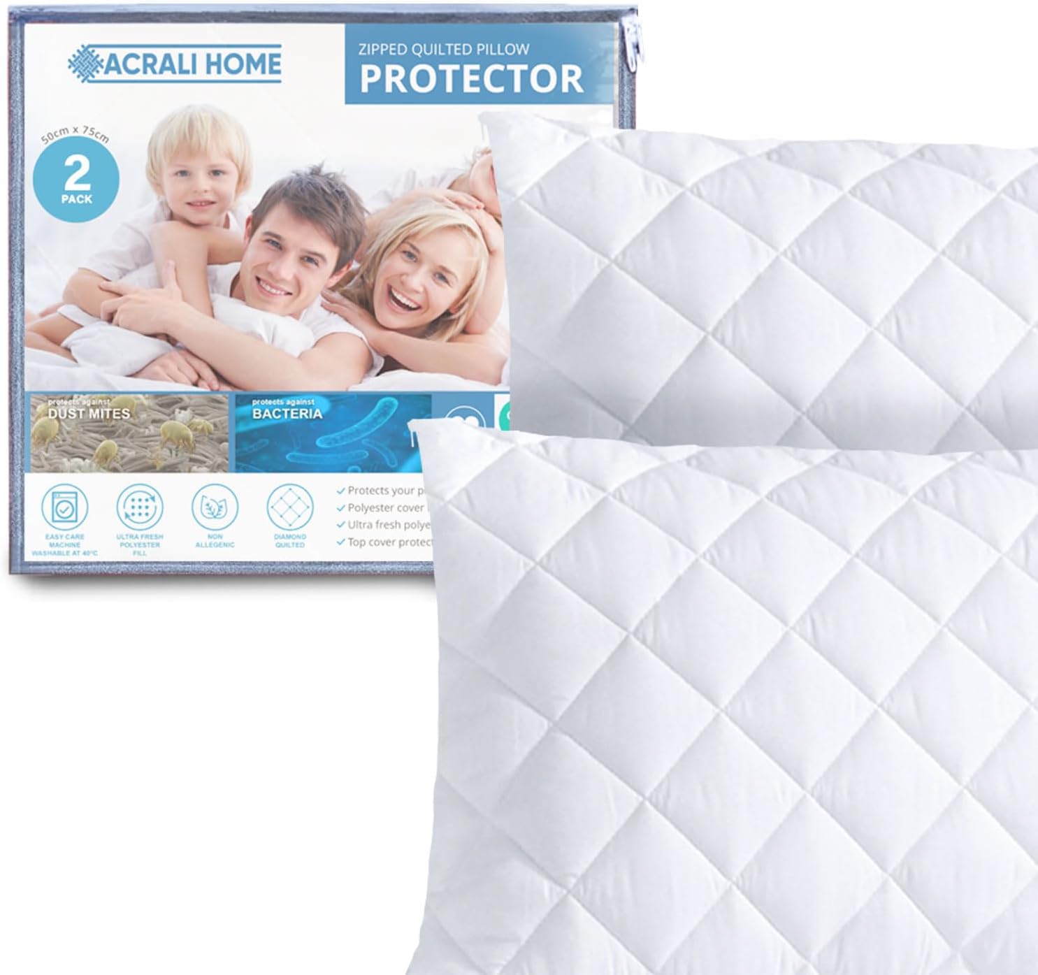 ACRALI HOME Quilted Pillow Protectors 2 Pack Zipped - 50x75 cm Hypoallergenic Pi...