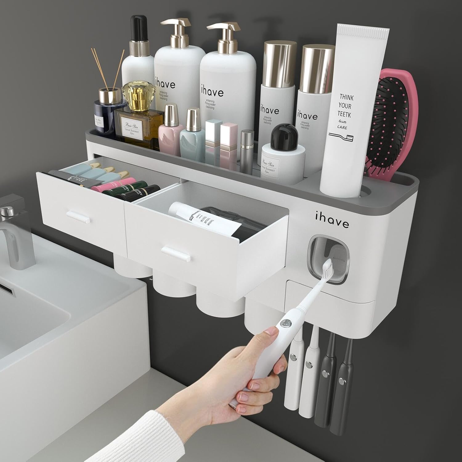 iHave Toothbrush Holders for Bathrooms, 4 Cups Toothbrush Holder Wall Mounted wi...