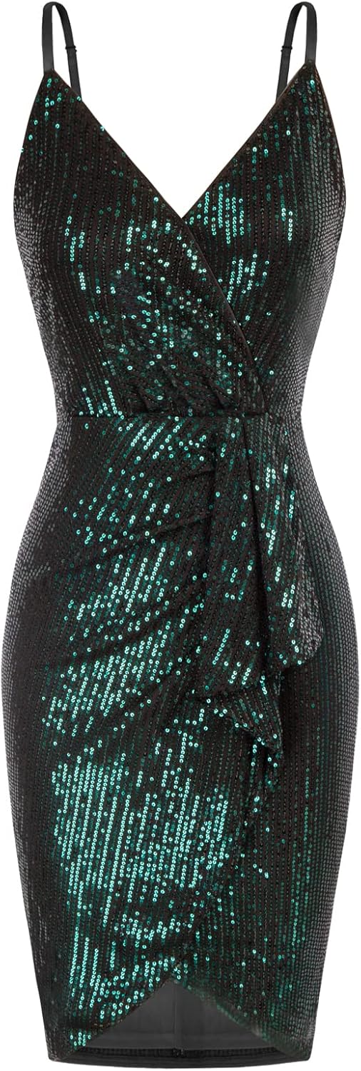GRACE KARIN Women's Sexy Sequin Dress Wrap V-Neck Ruched Bodycon Spaghetti Strap...