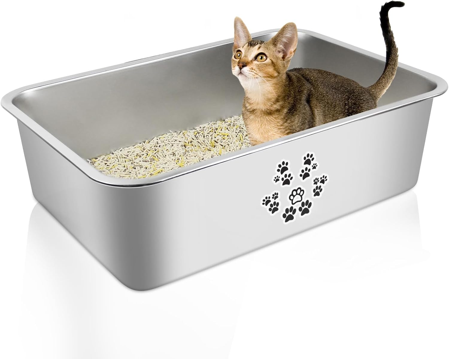 Stainless Steel Cat Litter Box High Side Cats Toilet Metal Kitten Litter Pan, Pe...