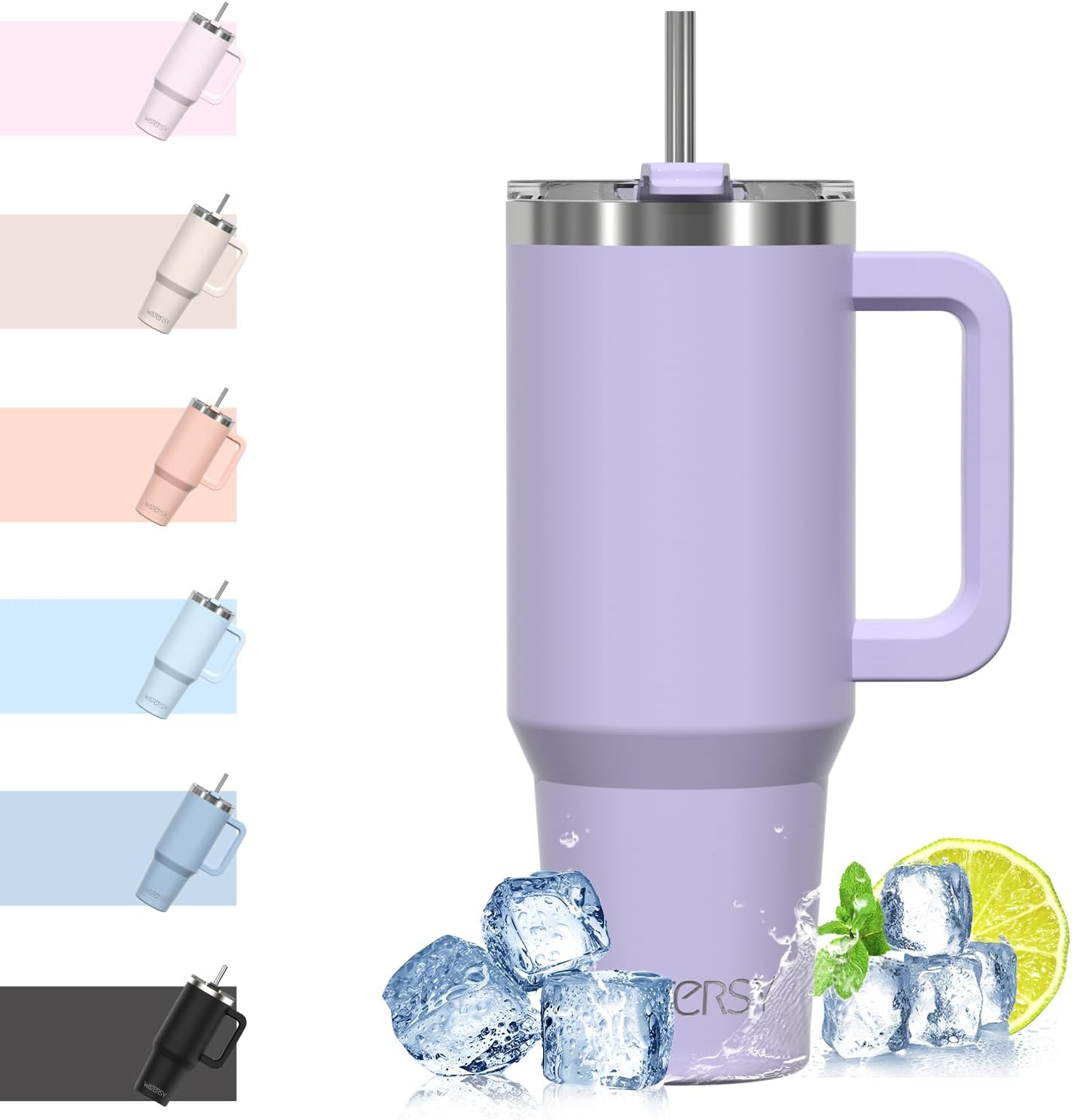 WATERSY Travel Mug Coffee Cup 40oz Tumbler Straw Lid and Handle, Stainless Steel...