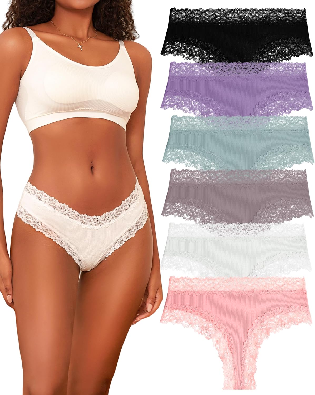 FINETOO Womens Cotton Underwear Sexy Lace Hipster Panties Soft Breathable Cotton...