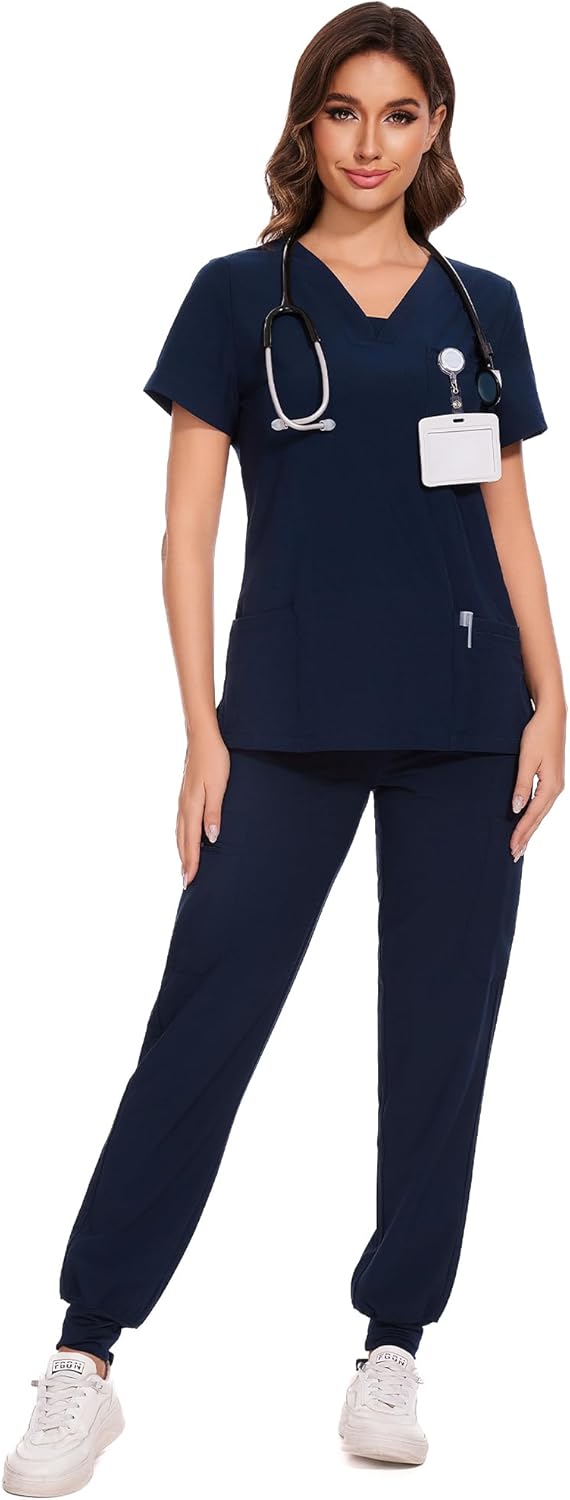 COZYFIT Scrubs for Women - V-Neck Top & Cargo Pants Scrubs Set with 10 Pockets N...