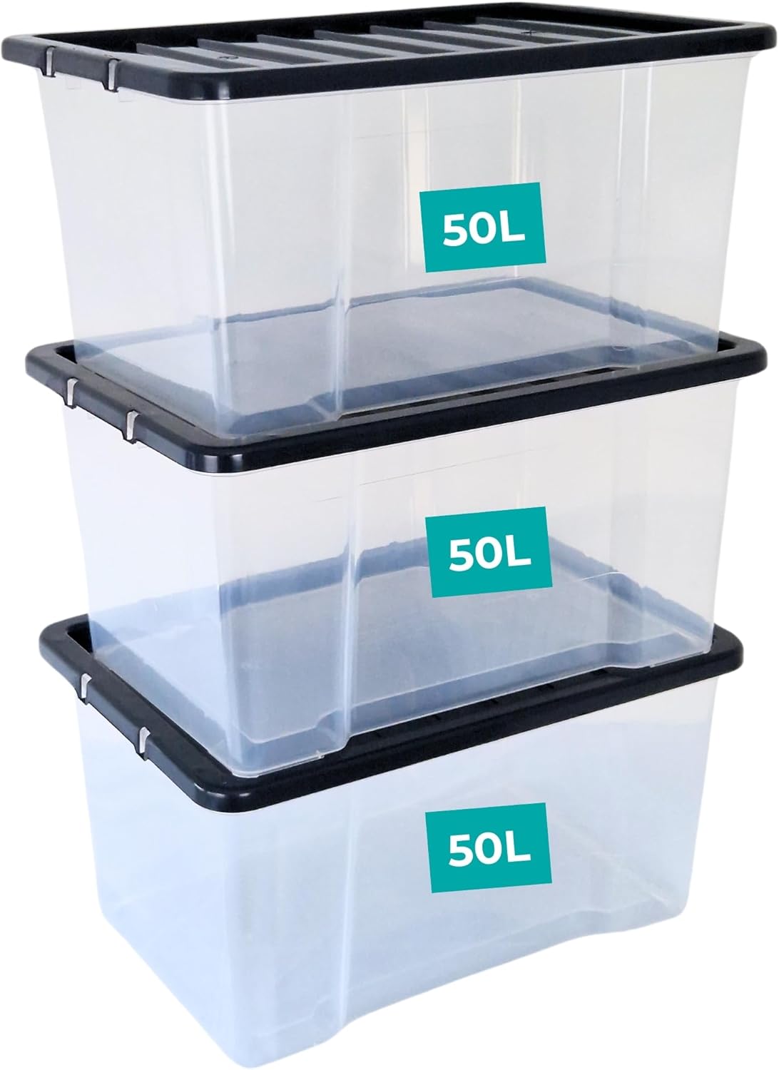 KLASS 3 x 50 Litre Storage Boxes with Lids, Clear Plastic Storage Box with Black...