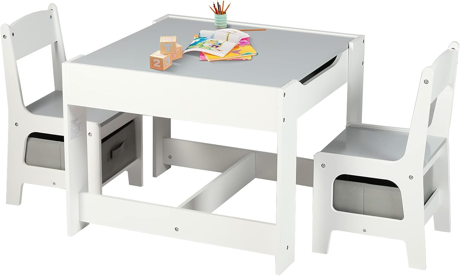 Kinder King Kids Wood Table & 2 Chairs Set, 3 in 1 Children Activity Table w/Sto...