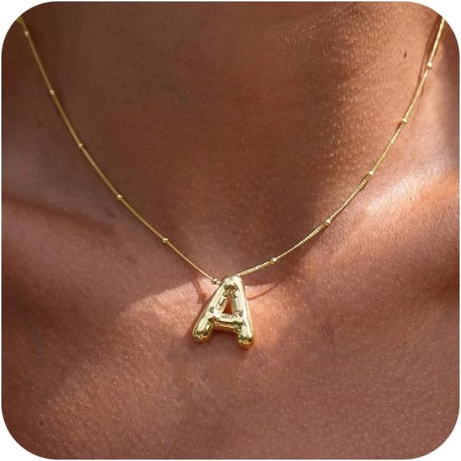 Gold Bubble Letter Necklace for Women, 14k Gold Plated Balloon Initial Letter Pe...
