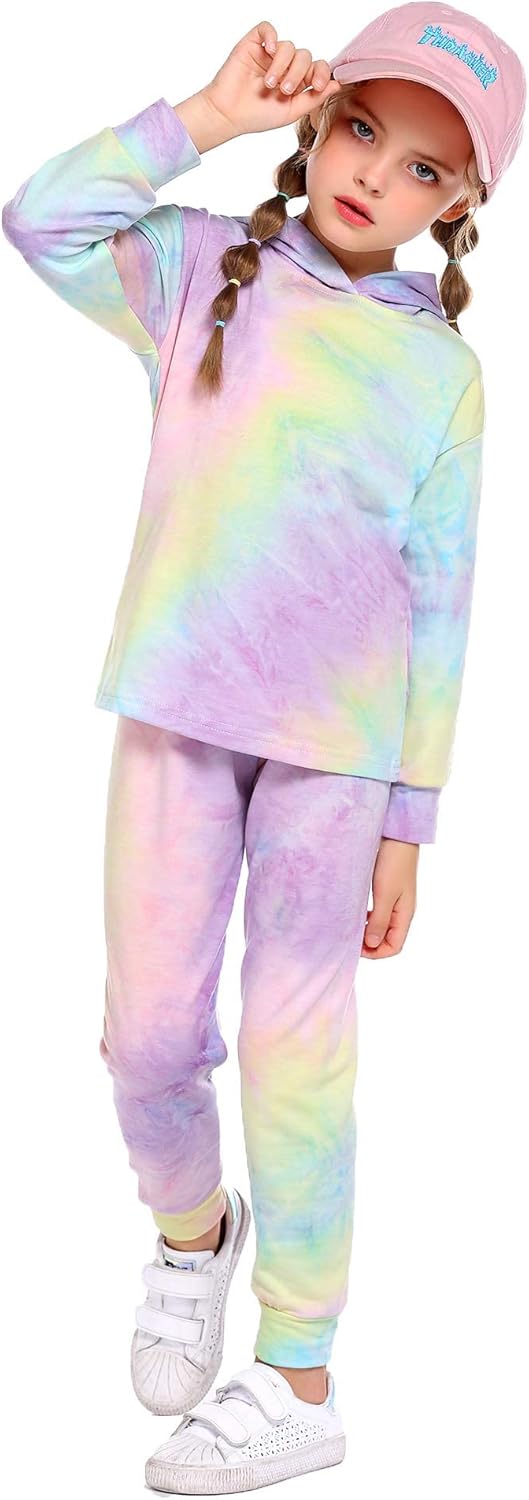 Arshiner Girl's 2 Piece Tie-dye Pullover Hooded Sweatshirt Set Sweatsuits and Sw...
