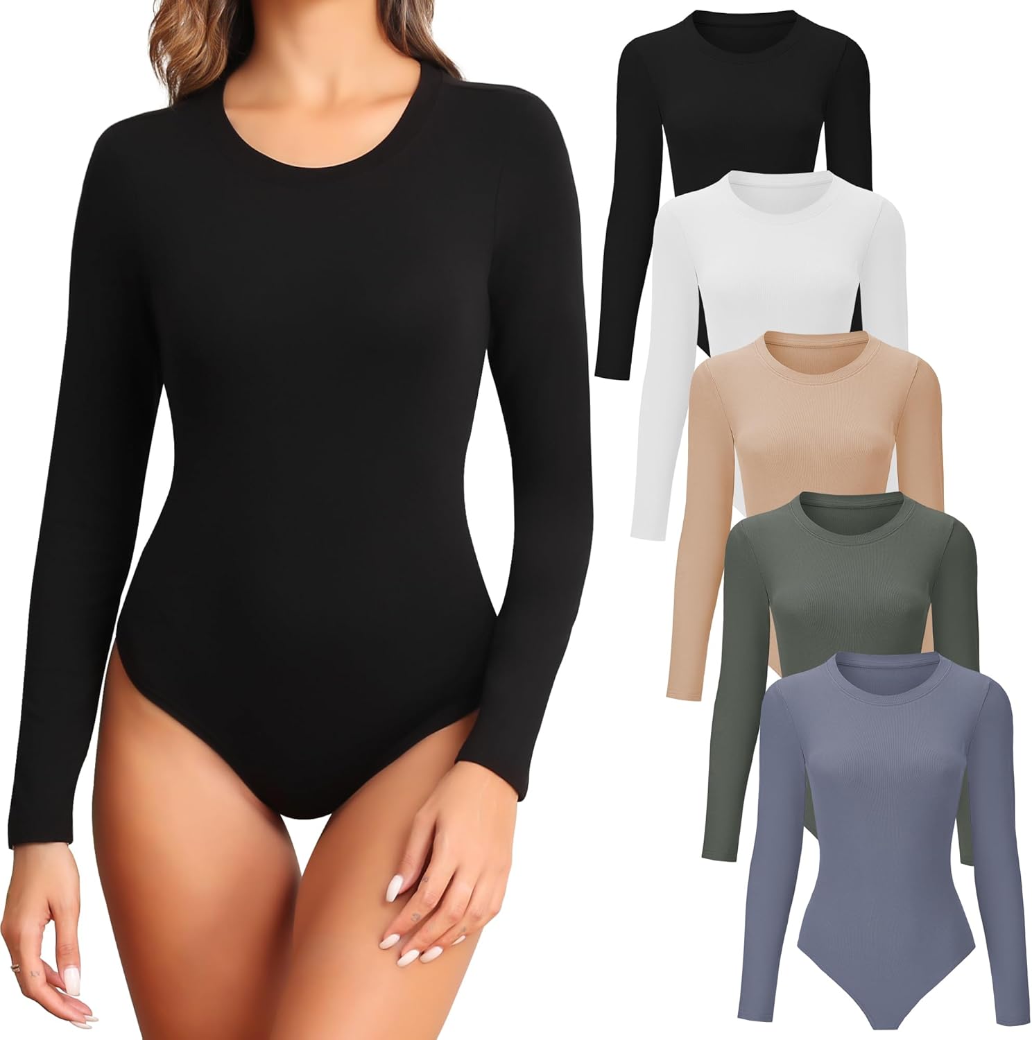TVKSOM 4/5 Pack Long Sleeve Bodysuit for Women Round Neck Casual Basic Stretchy...