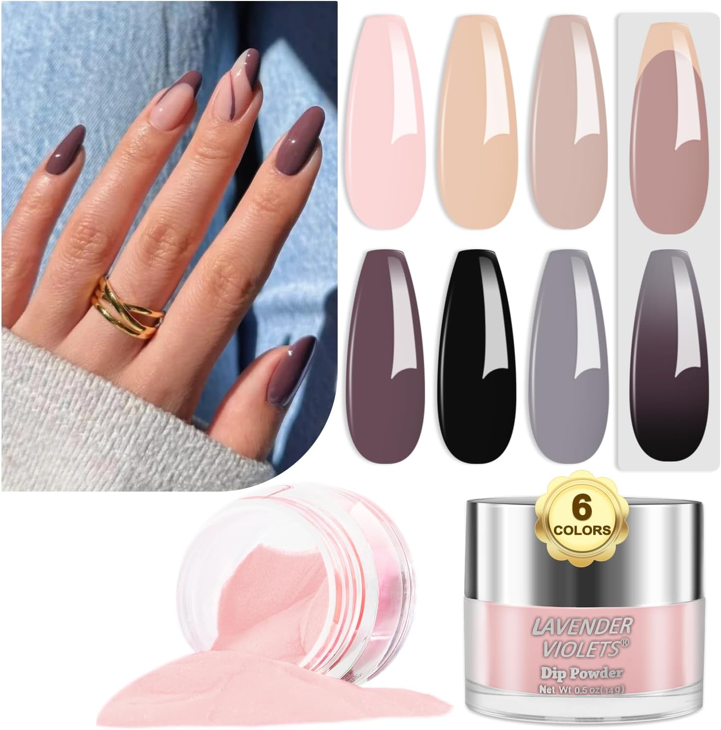 Lavender Violets 14g x 6 colours Dip Powder French Nail Art Light Pink Coffee Nu...