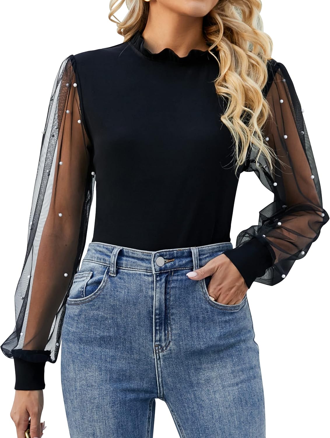 Blooming Jelly Womens Mock Neck Tops Keyhole Dressy Casual Blouses Polka Dot Lon...