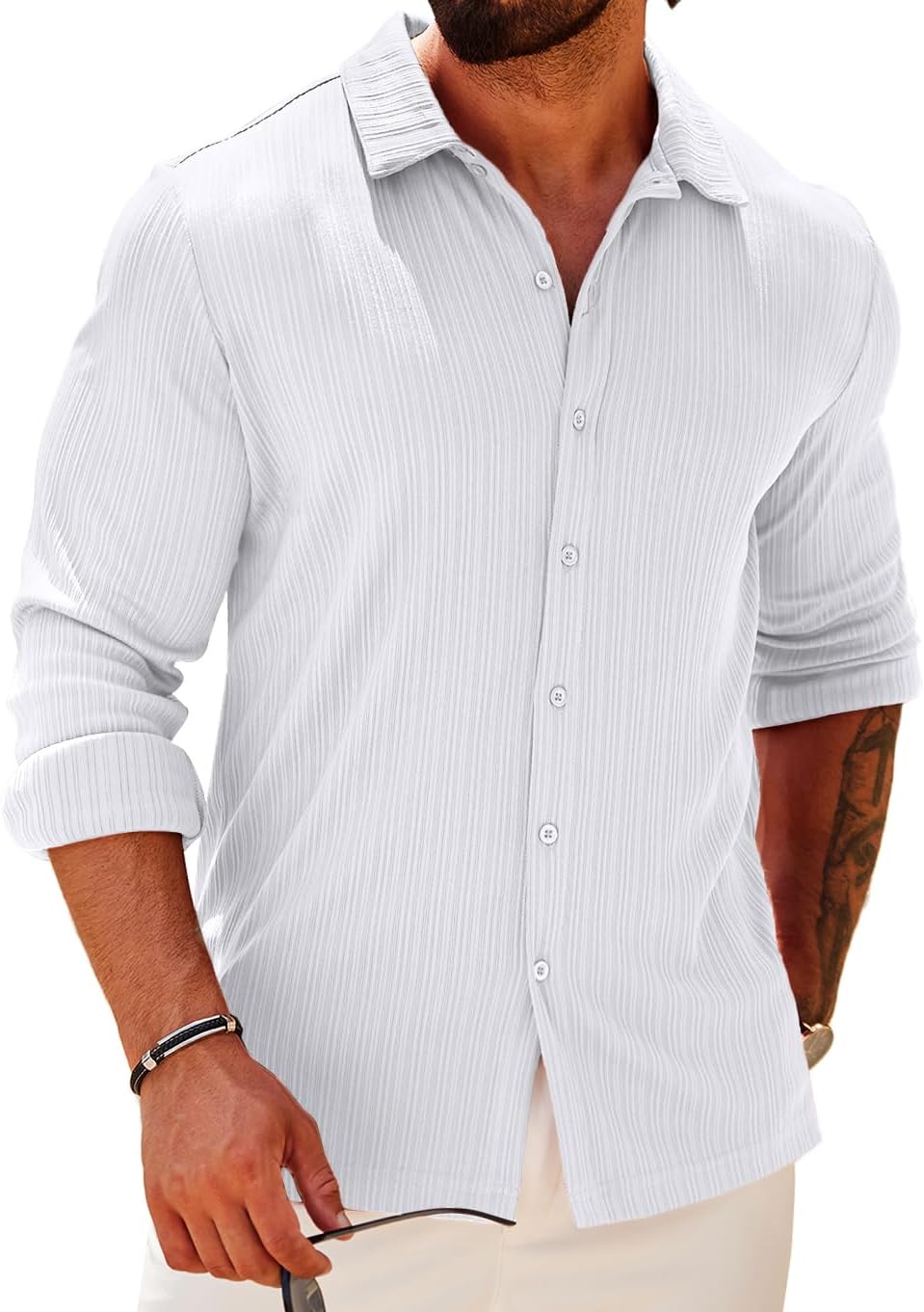 COOFANDY Athletic Fit Dress Shirts for Men Ribbed Knit Textured Button Down Shir...