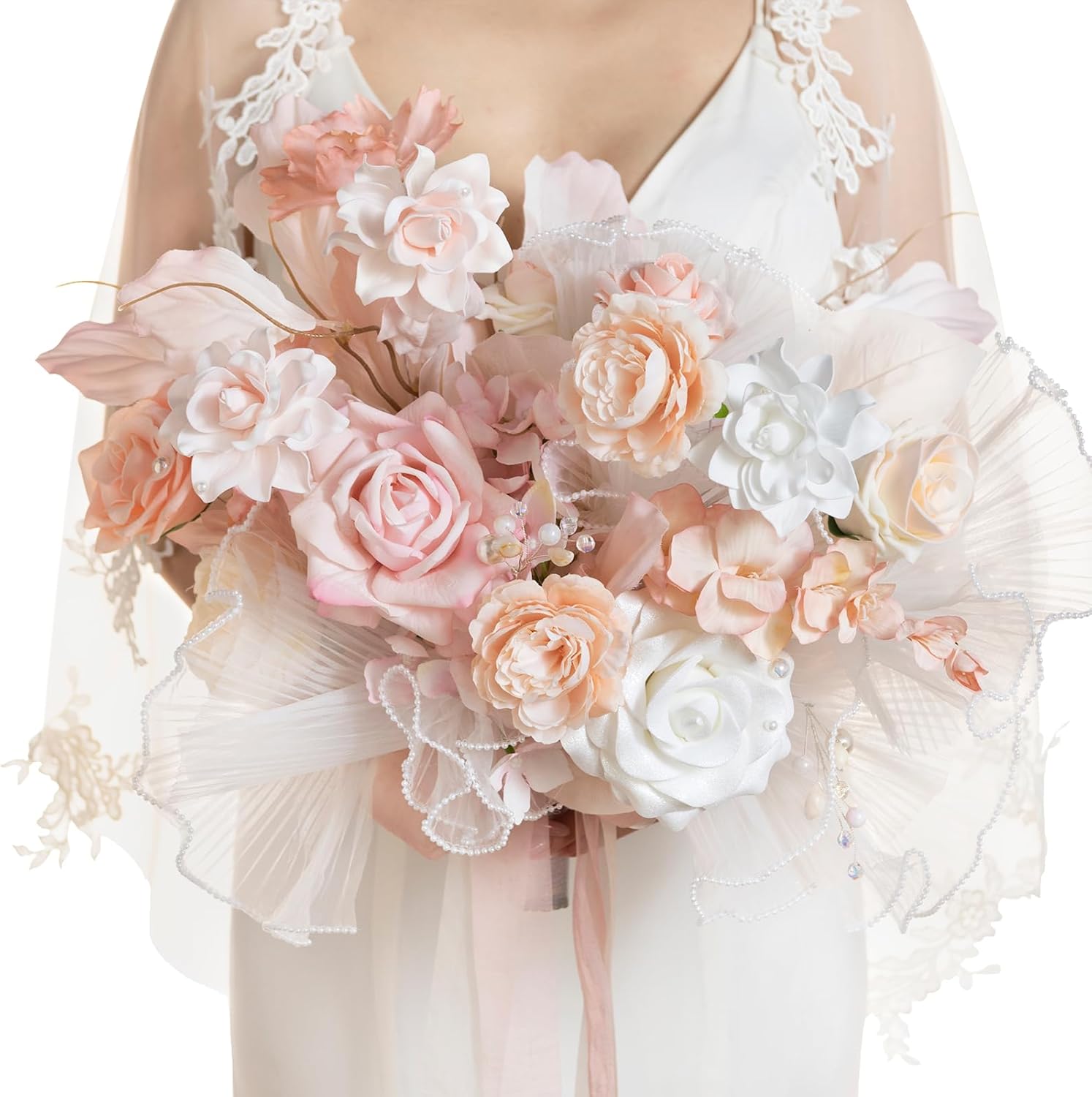 Ling's Moment Glowing Blush Wedding Bouquets for Bride, Blush and White Bridal B...