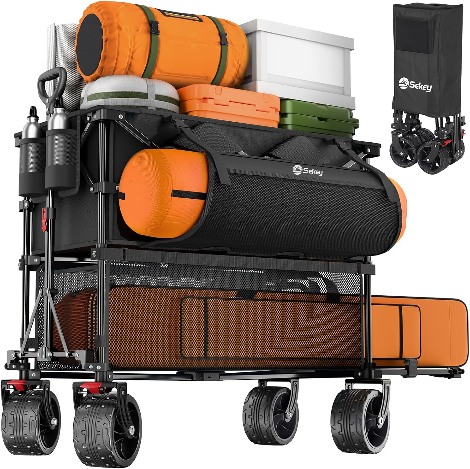 400L Large Capacity Folding Double Decker Wagon with Brakes, 50" Extra Long Exte...