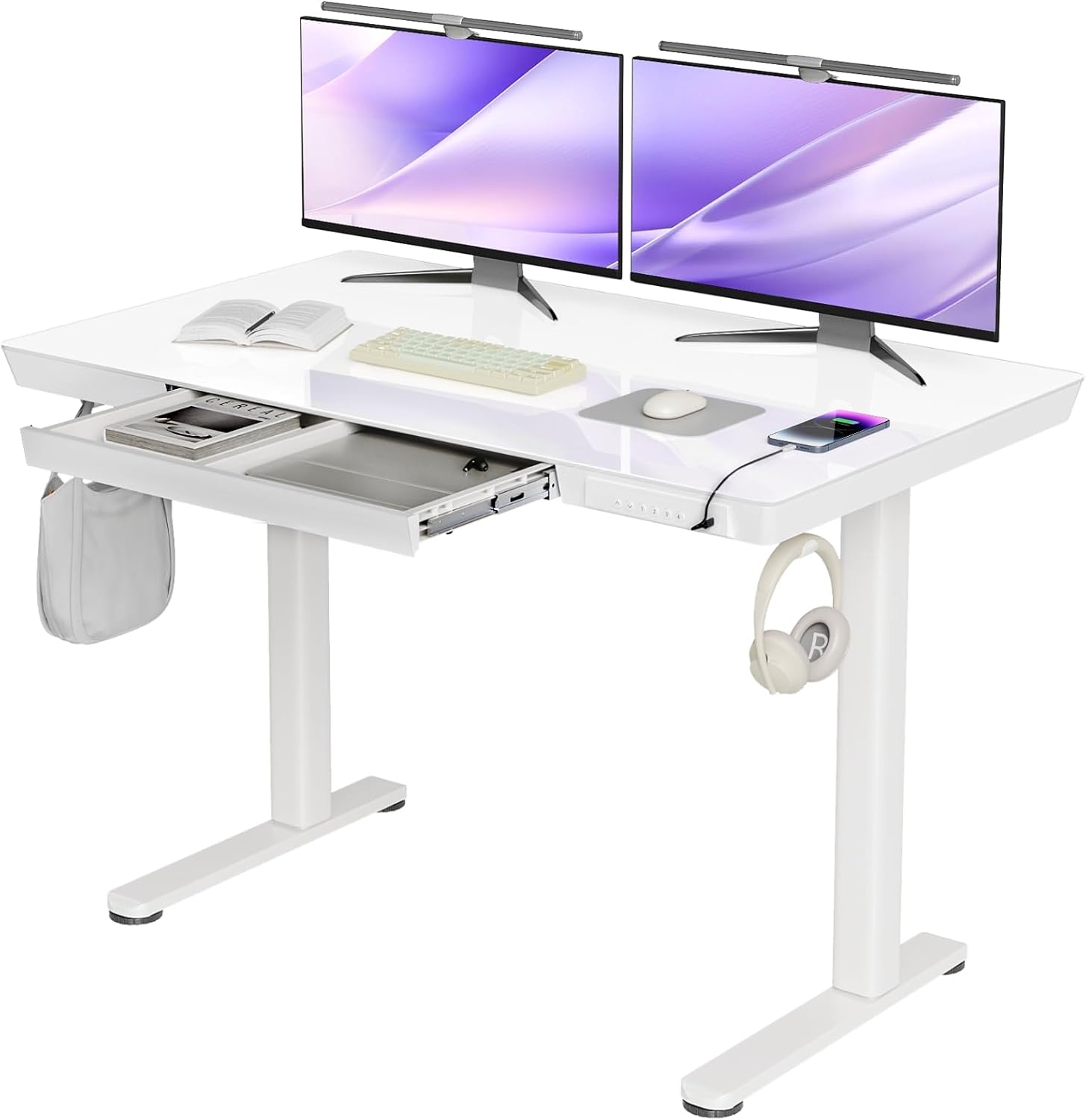 Glass Standing Desk with Drawers, 48×24 Inch Adjustable Stand Up Desk, Quick Ins...