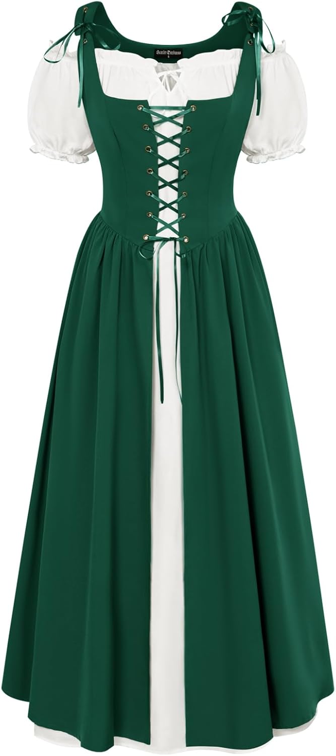 Scarlet Darkness Women Renaissance Dress Peasant Medieval Dress Short Sleeve Max...