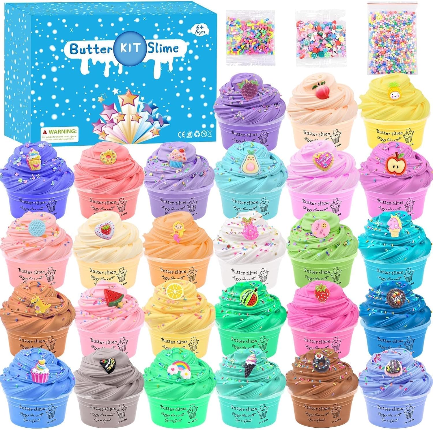 27 Pack Valentine's Day Fluffy Butter Slime Kit, with Candy Ice cream Fruit Etc,...