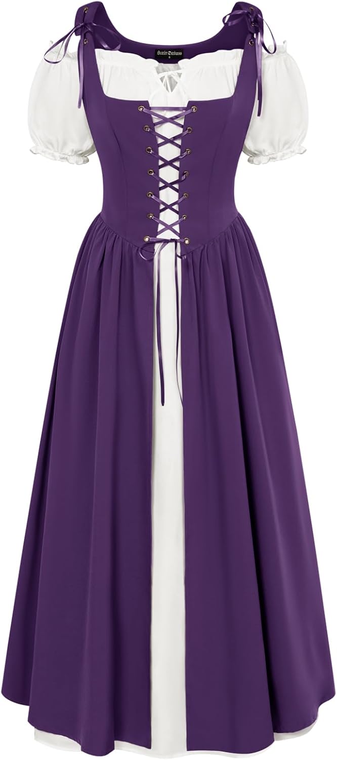 Scarlet Darkness Women Renaissance Dress Peasant Medieval Dress Short Sleeve Max...