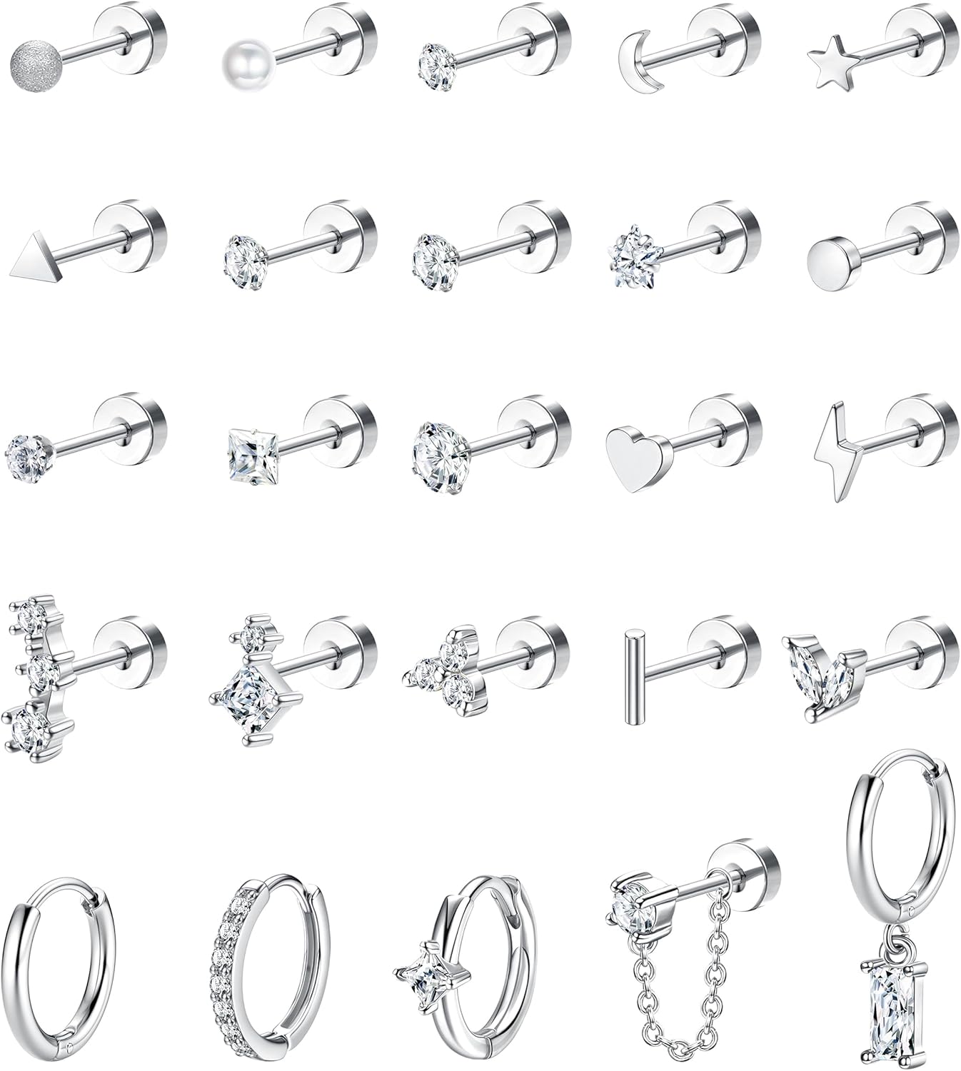 25Pcs Hypoallergenic Surgical Steel Flat Back Earrings for Women Stud Hoop Earri...