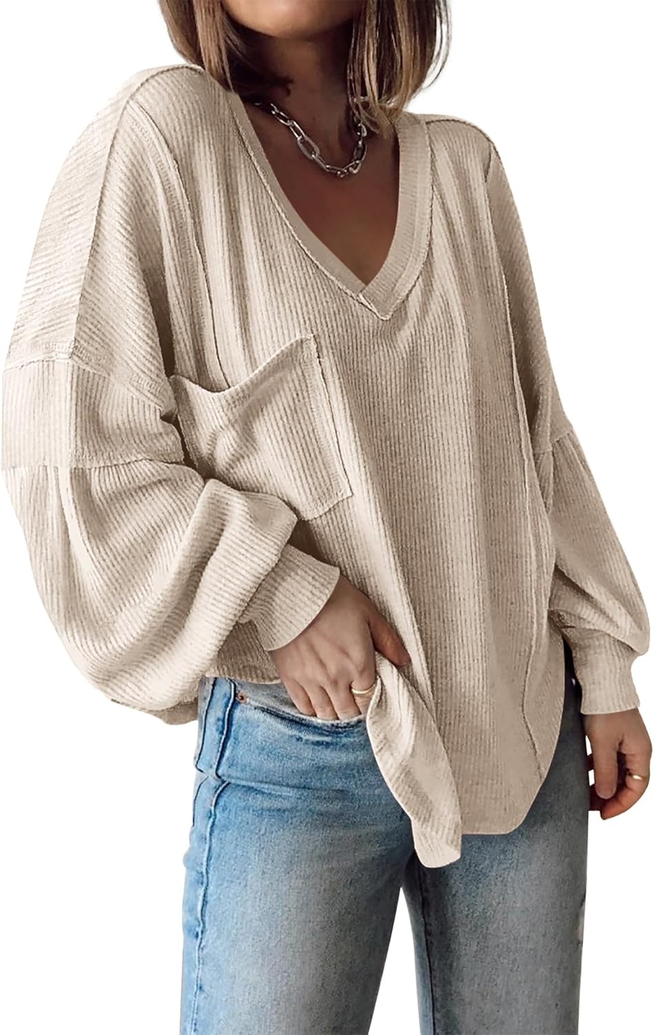 BTFBM Women's Casual V Neck Ribbed Knit Shirts 2025 Fall Pullover Tunic Tops Loo...