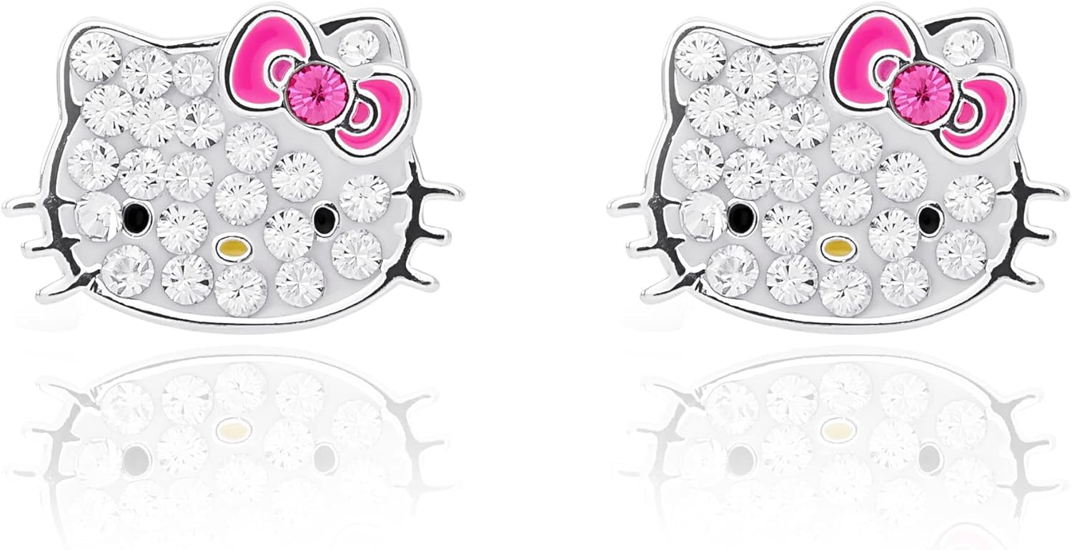Sanrio Hello Kitty Womens Clear Crystal Stud Earrings - Silver Plated Hello Kitt...