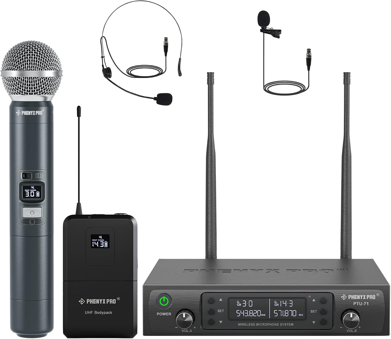 Phenyx Pro Wireless Microphone System, Dual Mic Set with Handheld/Bodypack/Lapel...