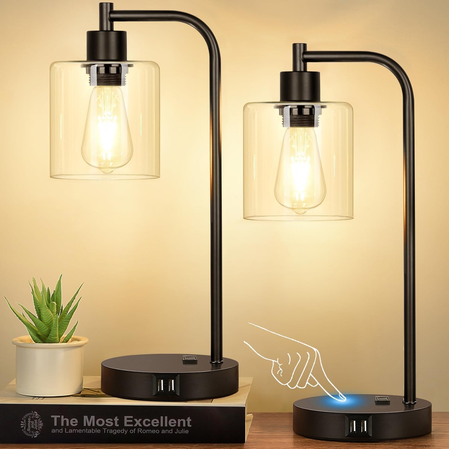 Set of 2 Industrial Touch Control Table Lamps with 2 USB Ports and AC Outlet - 3...