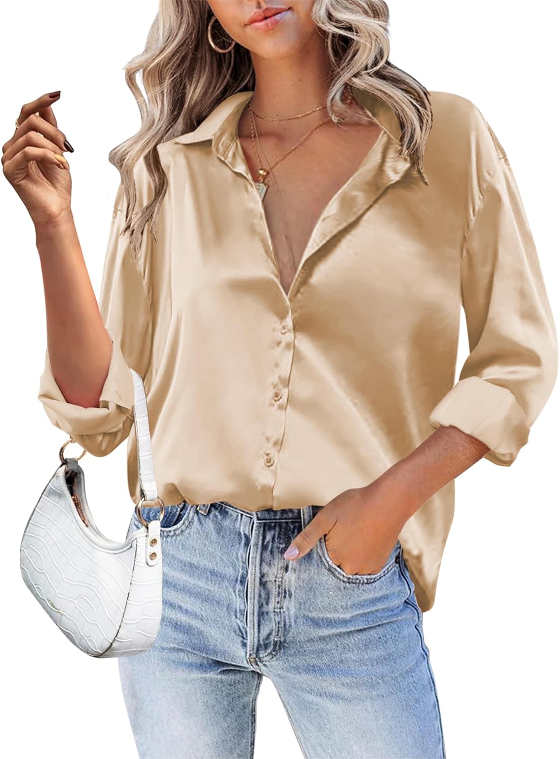HOTOUCH Women Satin Silk Button Down Shirt Ladies Long Sleeve Tops V Neck Loose...