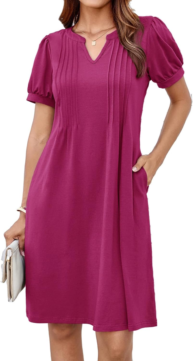 GRACE KARIN Women's 2025 V Neck Puff Short Sleeve T Shirt Dress Pleated Casual L...