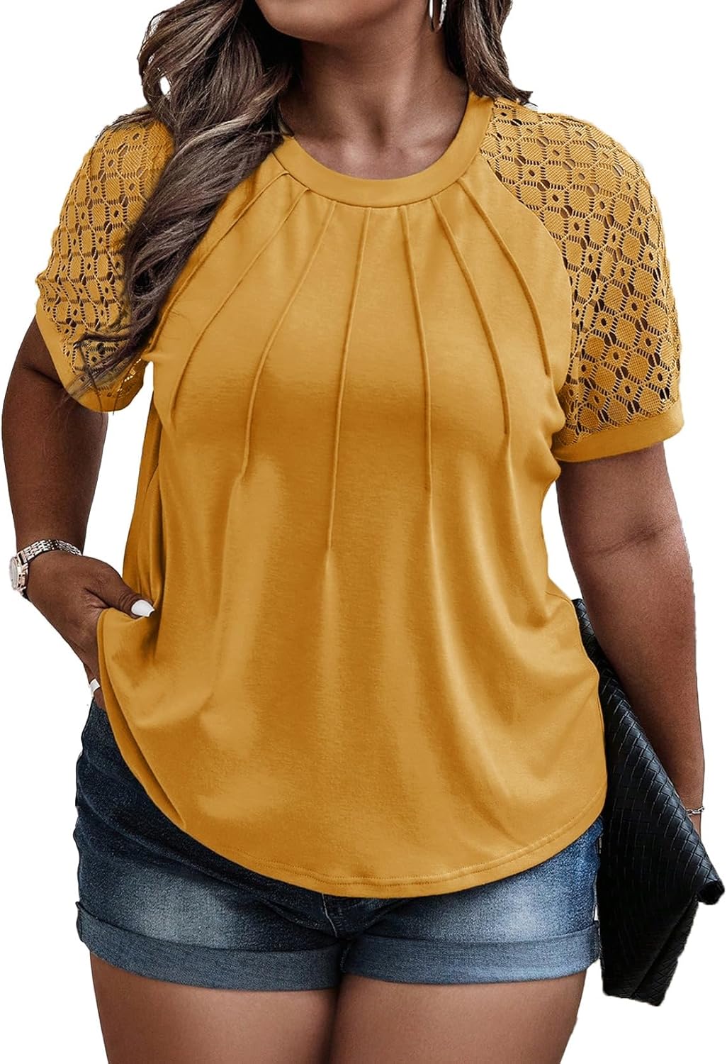 Eytino Plus Size Tops for Women Summer Lace Short Sleeve Crewneck Loose Casual B...