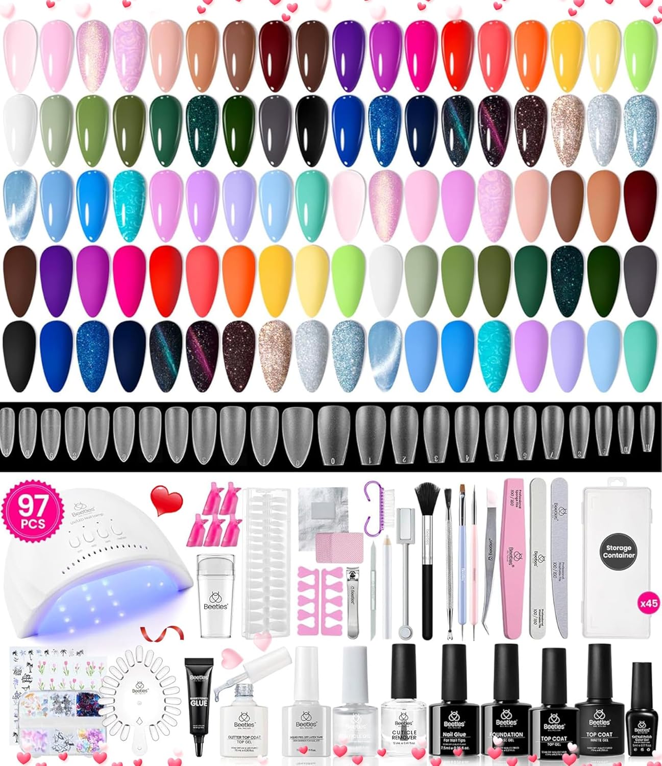 Beetles Gel Nail Polish Kit with U V Light 97Pcs Travel Holiday 45 Colors Gel Po...