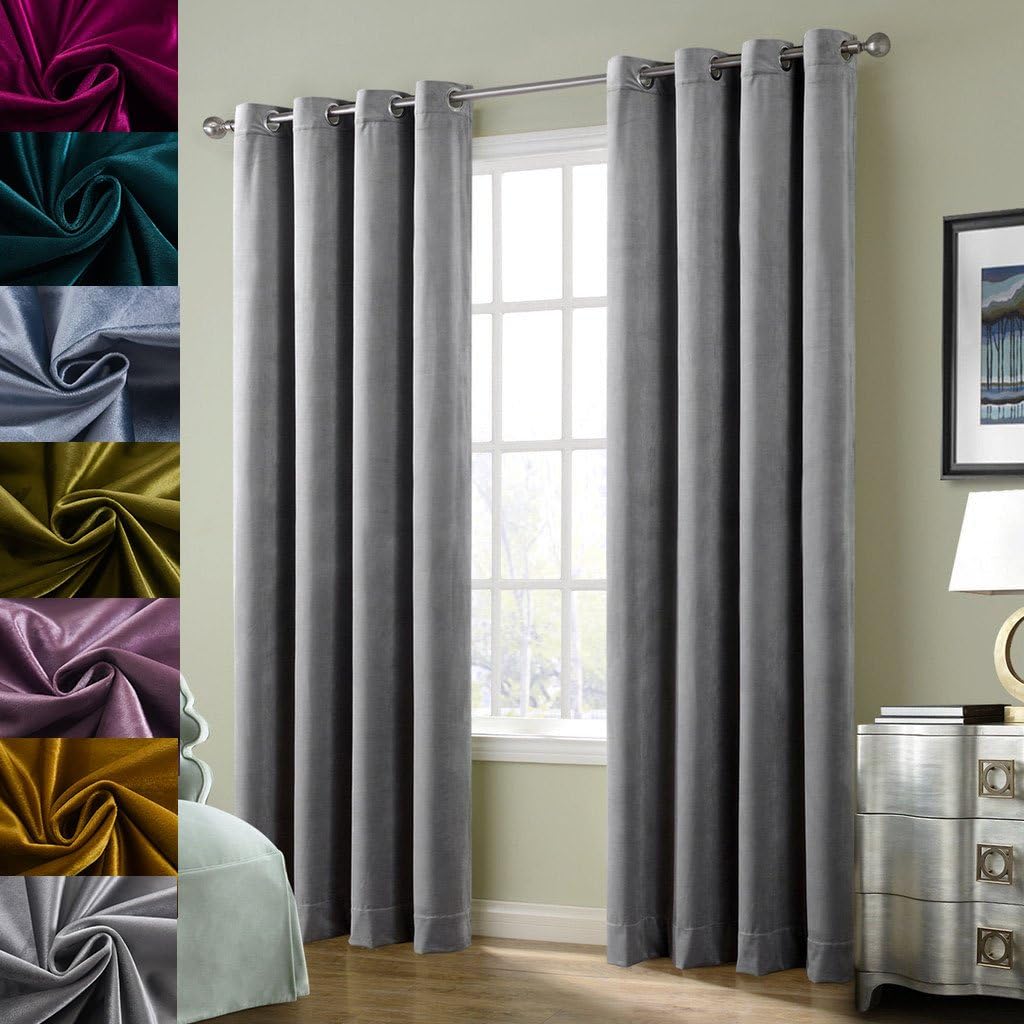 Cherry Home Super Soft Luxury Velvet Smoky Gray Classic Light Blocking Drapes Cu...