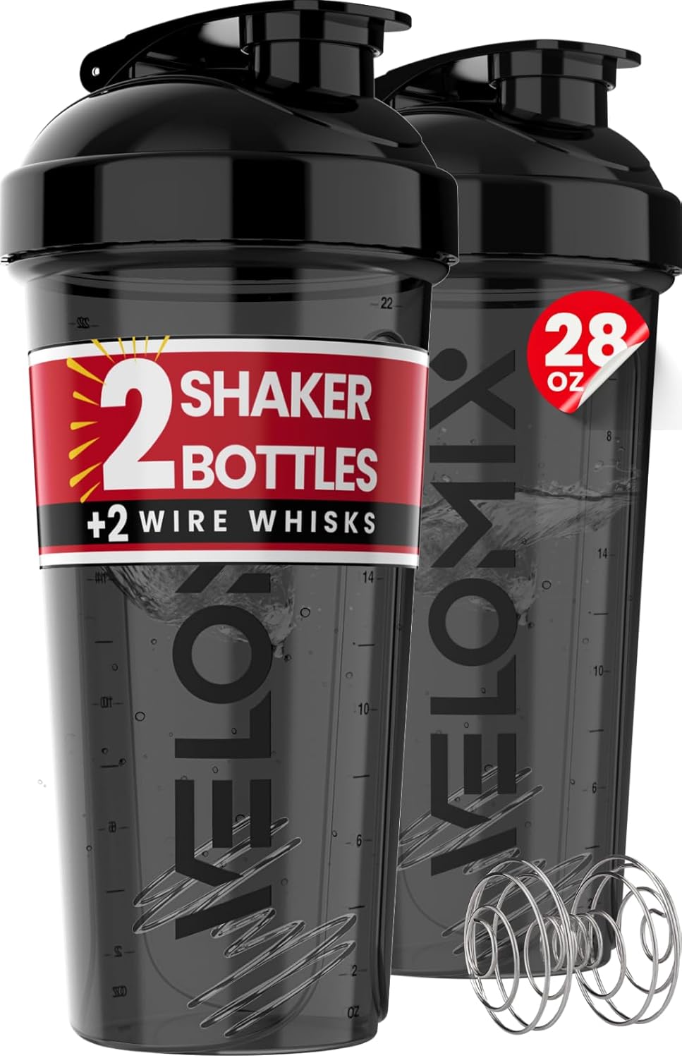 -2 Pack- 28 oz Protein Shaker Bottles for Protein Mixes - 2x Wire Whisk | Leak P...