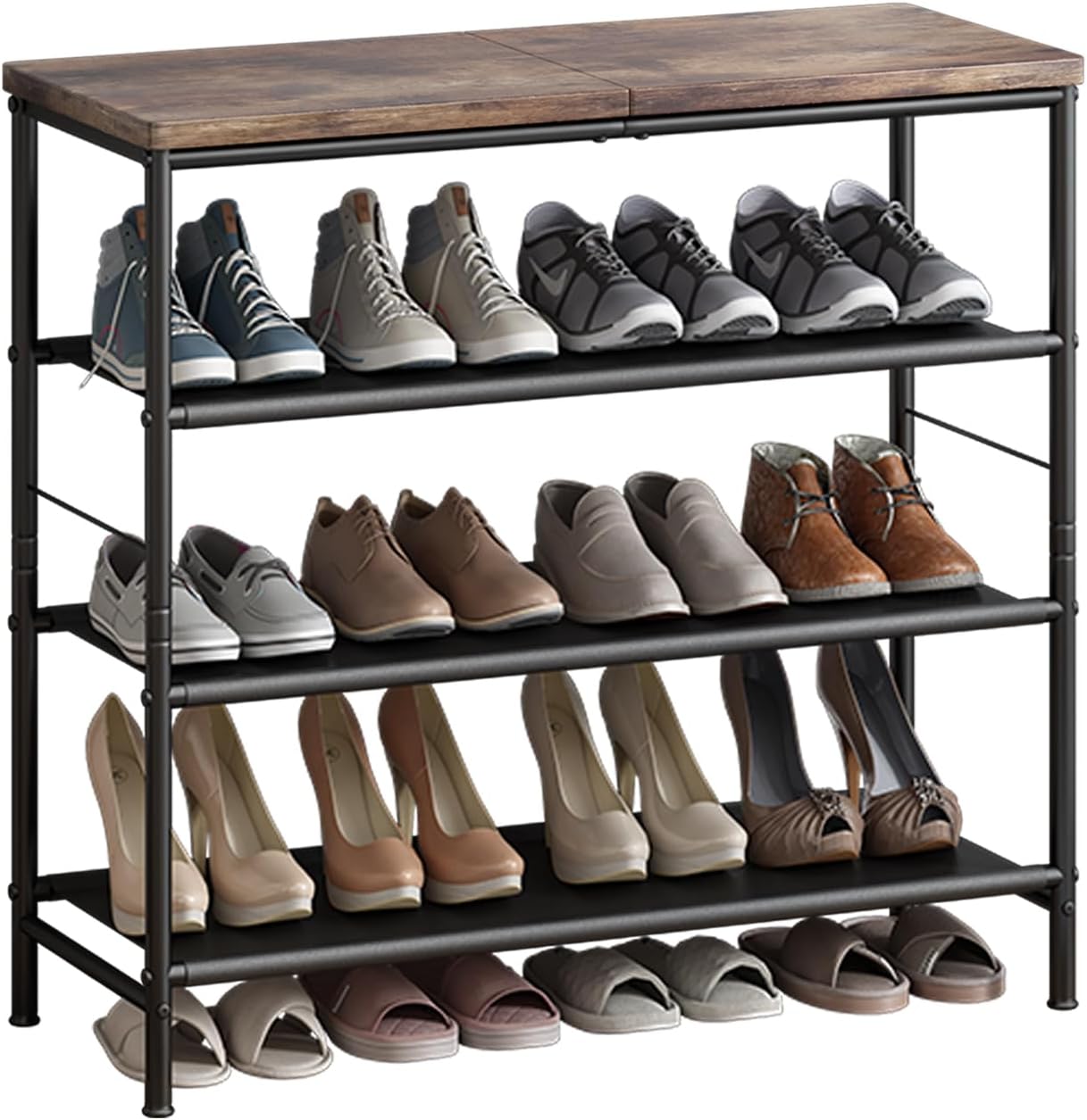 Shoe Rack Organizer 4 Tier Metal Organizer Shelf with Industrial MDF Board and L...