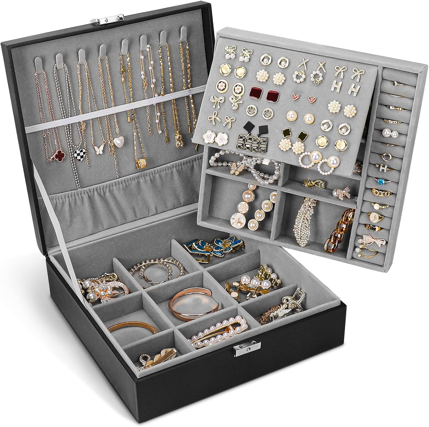 Jewelry Box, Jewelry Boxes for Women & Men with PU Leather, 2 Layer Large Jewelr...