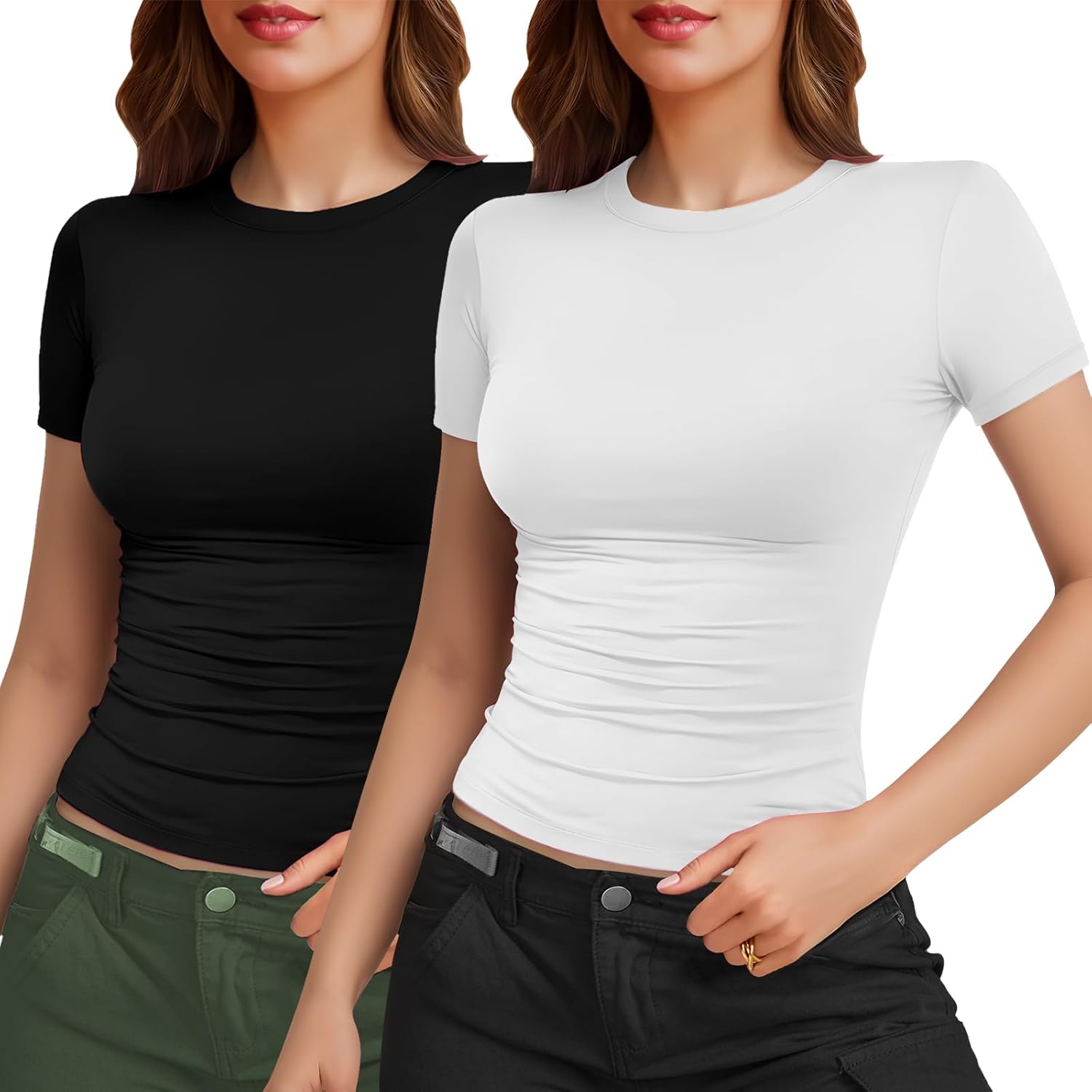 YOGINGO 2 Pack Womens Basic Short Sleeve Crew Neck T Shirt Slim Fit Tee 2025 Sum...