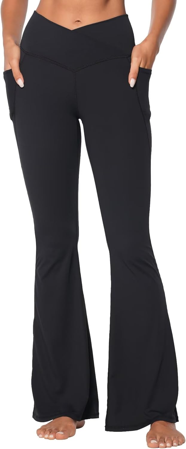 Sunzel Flare Leggings for Women with Pockets, Crossover Yoga Pants with Tummy Co...