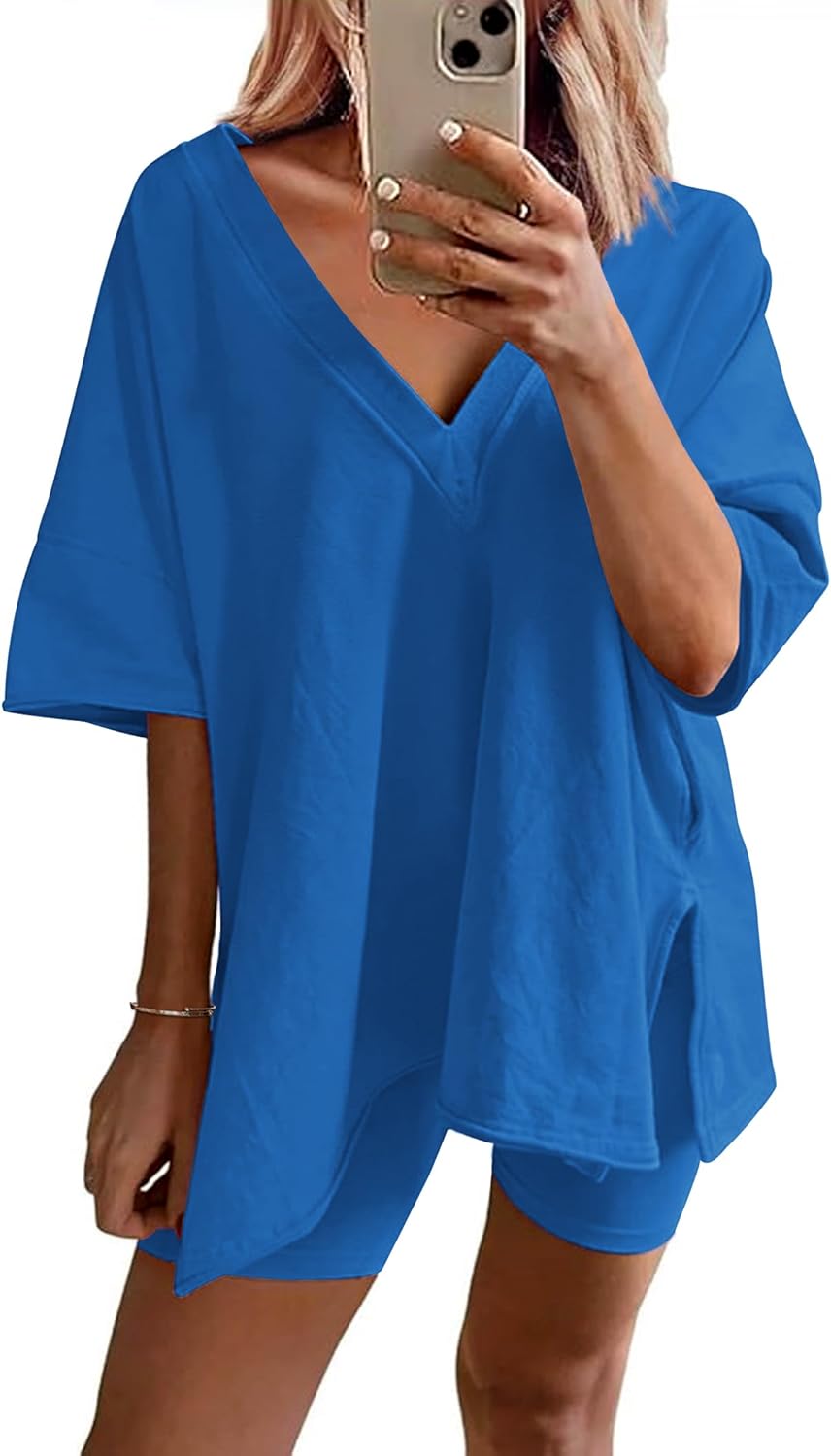 Ekouaer Womens Pajamas 2 Piece Lounge Sets Oversized V Neck T-Shirts Tops Biker...