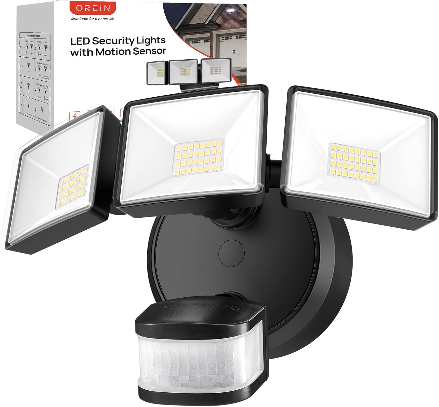 OREiN 6500LM/42W Flood Lights Outdoor, 180°/75FT Motion Sensor Outdoor Lights 4...