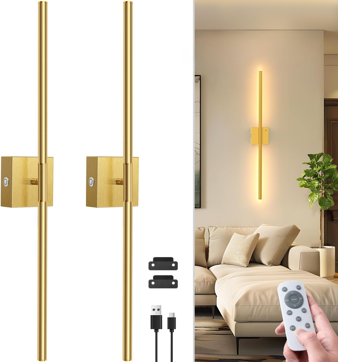 NIORSUN 27.6 Inch Battery Operated Wall Sconce Set of 2, 360° Rotation Gold Rech...