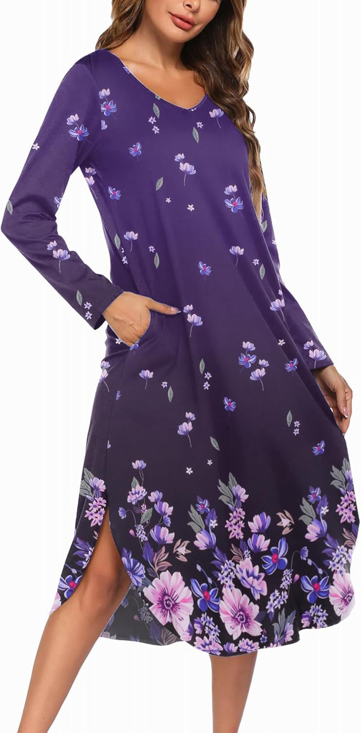 Ekouaer Womens Nightgown V Neck Nightshirts Long Sleeve Sleepwear with Pockets S...