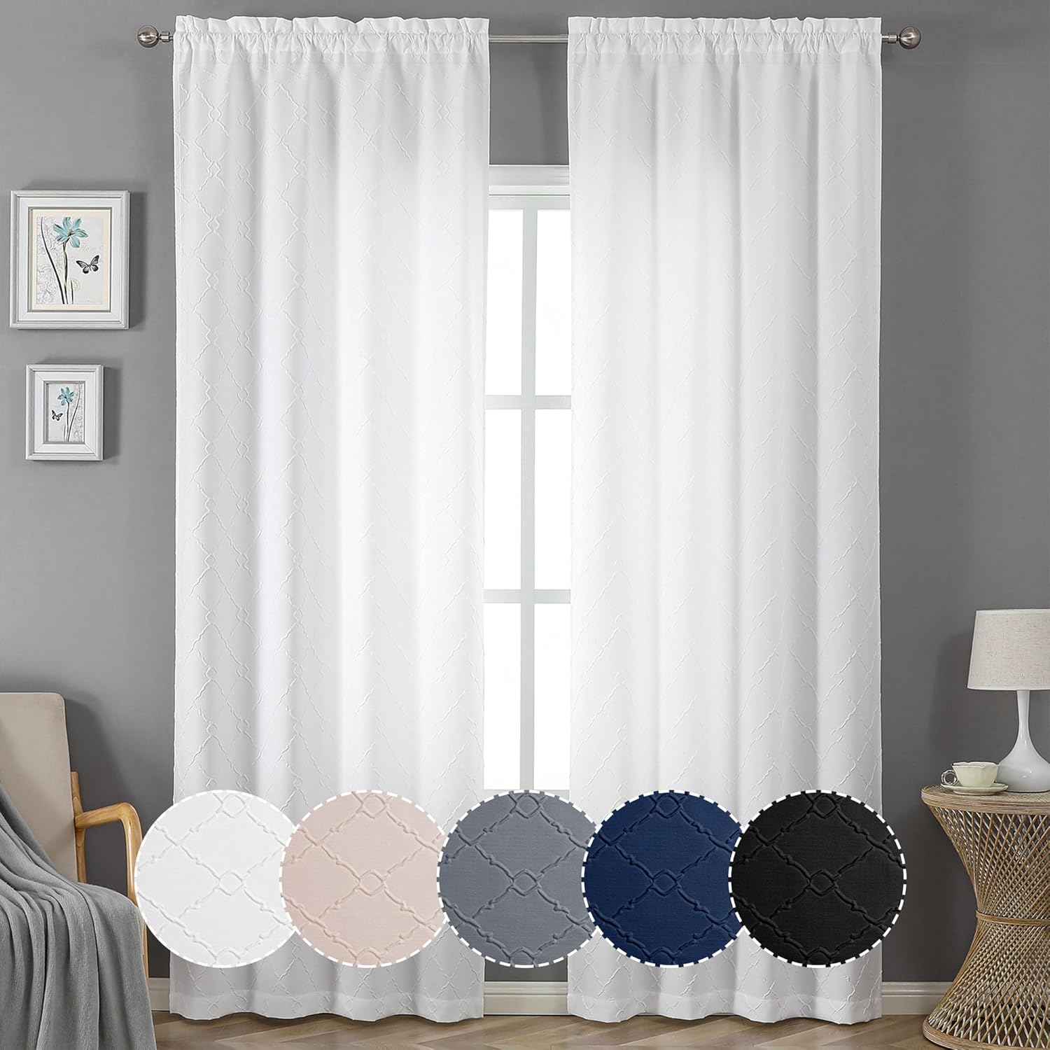 OWENIE 3D Embossed White Curtains 84 Inches Long 2 Panels Set, Balance Privacy &...