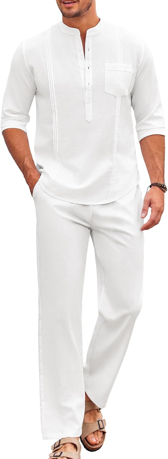 COOFANDY Men's 2 Piece Cotton Sets Casual Long Sleeve Cuban Henley Shirt and Loo...