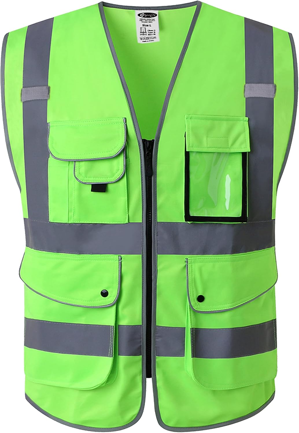 JKSafety 9 Pockets Class 2 High Visibility Zipper Front Safety Vest With Reflect...