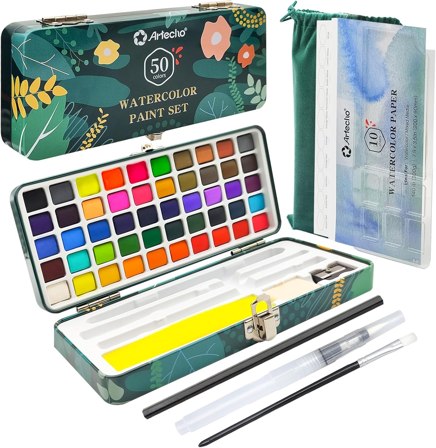 Artecho Watercolor Paint Set 50 Colors, Travel Watercolor Set with Watercolor Pa...