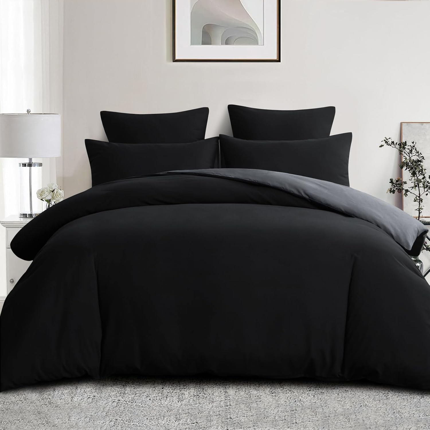 Aisbo Super King Size Duvet Cover Set - 3Pcs Reversible Bedding Bed Set Black an...
