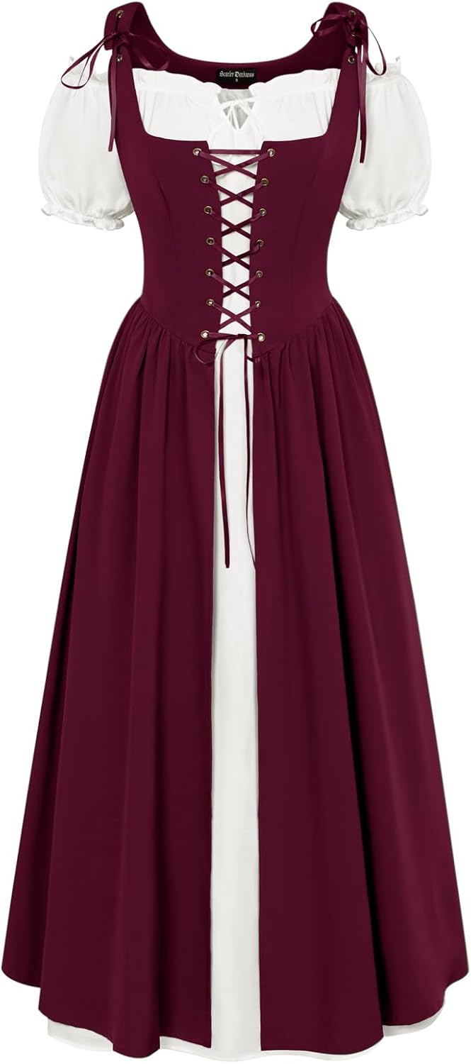 Scarlet Darkness Women Renaissance Dress Peasant Medieval Dress Short Sleeve Max...